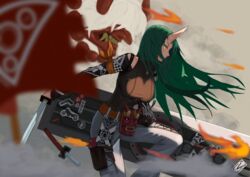  alternate_costume arknights banner beads belt blurry breasts clothing_cutout commentary_request cowboy_shot depth_of_field female fire flag green_eyes green_hair highres horns hoshiguma_(arknights) hoshiguma_(ronin_huntress)_(arknights) jewelry katana large_breasts long_hair long_sleeves mask necklace official_alternate_costume oni oni_mask pants pouch prayer_beads profile shield shoulder_cutout single_horn skin-covered_horns solo sword thigh_pouch turtleneck weapon white_pants wind yakupan 