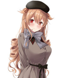  alternate_costume beret black_hat blush breasts brown_eyes coat commentary_request curly_hair female grey_coat grey_scarf hair_ribbon hat heterochromia kantai_collection kurage1 large_breasts light_brown_hair long_hair looking_at_viewer murasame_(kancolle) murasame_kai_ni_(kancolle) official_alternate_costume red_eyes red_ribbon ribbon scarf simple_background smile solo two_side_up upper_body white_background 