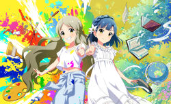  2girls book braid crown_braid dress flower globe grin handa_roco highres idolmaster idolmaster_million_live! lily_(flower) midriff_peek multiple_girls nanao_yuriko official_art open_book paint_palette paint_splatter paintbrush pointing pointing_up ribbon smile waist_ribbon white_dress white_ribbon 