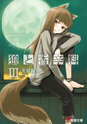  animal_ear_fluff animal_ears anklet aqua_background ayakura_juu barefoot black_pants blunt_bangs blush brown_hair capri_pants closed_mouth copyright_name cover cover_page feet female foot_out_of_frame full_moon grey_shirt highres holo jewelry knee_up long_hair looking_at_viewer moon night novel_cover official_art pants red_eyes scan shirt sitting sitting_in_window smile solo spice_and_wolf tail toenails toes wolf_ears wolf_girl wolf_tail 