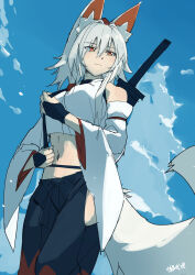  absurdres animal_ear_fluff animal_ears artist_name black_skirt blue_sky closed_mouth cloud commentary_request day detached_sleeves female grey_hair hat highres hip_vent inubashiri_momiji kakaricho_dairi looking_at_viewer midriff navel orange_eyes over_shoulder red_hat skirt sky solo sword sword_over_shoulder tail tokin_hat touhou weapon weapon_over_shoulder wolf_ears wolf_girl wolf_tail 