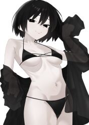  armpit_crease arril100 bare_shoulders bikini black_bikini black_eyes black_hair black_shirt bob_cut breasts closed_mouth commentary cowboy_shot curled_fingers empty_eyes from_below from_side groin hair_between_eyes hand_up highres long_sleeves looking_at_viewer looking_down looking_to_the_side medium_breasts midriff monogatari_(series) narrowed_eyes navel off_shoulder open_clothes open_shirt oshino_ougi pale_skin paw_pose raised_eyebrows see-through_clothes see-through_shirt shirt short_hair simple_background sleeves_past_fingers sleeves_past_wrists smile standing string_bikini swimsuit symbol-only_commentary underboob white_background 