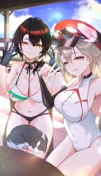  2girls absurdres animal animal_on_lap aram_(epic_seven) armpits bare_shoulders bikini black_bikini black_choker black_gloves black_hair breasts cat_on_lap choker cleavage covered_navel epic_seven eyewear_on_headwear feline gloves grey_hair grin hair_over_shoulder hands_up hat highres hwayoung_(epic_seven) large_breasts long_hair looking_at_viewer medium_hair mismatched_bikini multiple_girls on_lap one-piece_swimsuit outdoors peaked_cap punimon_(user_ymmd3824) red_eyes red_hat smile string_bikini swimsuit thighs v white_bikini white_one-piece_swimsuit yellow_eyes 