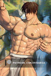  1boy abs bara brown_hair bulge clenched_hands cowboy_shot frown guy_(final_fight) hydaria large_pectorals loincloth looking_at_viewer male_focus muscular muscular_male navel nipples outstretched_arm paid_reward_available pectorals pelvic_curtain short_hair shredded_muscles sideburns sideways_glance solo stomach street_fighter topless_male training water waterfall watermark 