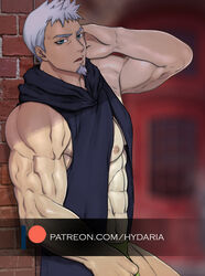  1boy abs against_wall bara blue_eyes cloak cowboy_shot facial_hair from_side goatee grey_hair hendricksen hydaria looking_at_viewer male_focus muscular muscular_male nanatsu_no_taizai nipples open_cloak open_clothes paid_reward_available short_hair sideburns solo standing underpec watermark white_hair 