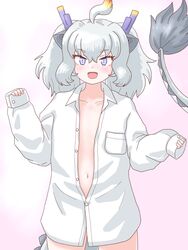  animal_ears blush bottomless breast_pocket collarbone dragon_ears dragon_girl dragon_horns dragon_tail dress_shirt extra_ears female flat_chest fur-tipped_tail highres horns kemono_friends kemono_friends_3 long_tail looking_at_viewer mukouyama_mu multicolored_horns naked_shirt navel no_bra open_clothes open_mouth open_shirt oversized_clothes oversized_shirt partially_unbuttoned pocket purple_horns shirt simple_background smile solo tail white_dragon_(kemono_friends) white_hair white_shirt yellow_horns 