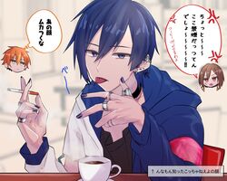  2boys black_choker blue_eyes blue_hair blue_hoodie blue_nails brown_eyes brown_hair choker cigarette coffee commentary_request cup ear_piercing earrings female hair_between_eyes highres holding holding_cigarette hood hoodie hoop_earrings jacket jewelry kaito_(vocaloid) male_focus meiko_(vocaloid) multiple_boys multiple_rings open_clothes open_jacket orange_hair parang_99 piercing project_sekai ring shinonome_akito short_hair sitting speech_bubble thought_bubble tongue tongue_out translation_request vivid_bad_squad_kaito vivid_bad_squad_meiko vocaloid yellow_eyes 