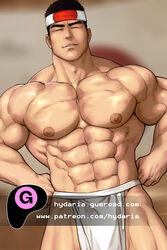  1boy abs adam&#039;s_apple bara black_hair bulge closed_eyes cowboy_shot daimon_gorou facing_viewer flexing_pectorals headband hydaria large_pectorals loincloth male_focus mature_male muscular muscular_male navel nipples paid_reward_available pectorals pelvic_curtain short_hair sideburns smile solo stomach strongman_waist the_king_of_fighters topless_male watermark 