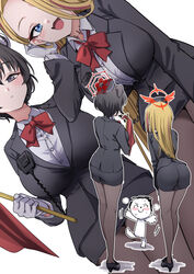  1boy 2girls :d absurdres ass black_footwear black_hair blonde_hair blue_archive blush breasts brown_pantyhose commentary_request doodle_sensei_(blue_archive) flag gloves halo highres holding holding_flag large_breasts long_hair long_sleeves looking_at_viewer multiple_girls multiple_views open_mouth pantyhose pencil_skirt pina_(blue_archive) pina_(guide)_(blue_archive) pizzasi red_halo sensei_(blue_archive) short_hair simple_background skirt smile standing tour_guide tsubaki_(blue_archive) tsubaki_(guide)_(blue_archive) walkie-talkie white_background white_gloves 