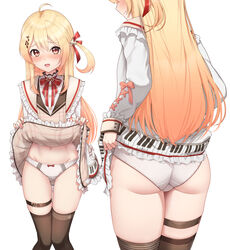  ahoge ass black_thighhighs blonde_hair blush bow bow_panties clothes_lift dress dress_lift eighth_note female frilled_dress frills hair_ornament hairbow highres hololive hololive_dev_is kamuchin_soda lifting_own_clothes long_hair looking_at_viewer multiple_views musical_note musical_note_hair_ornament open_mouth otonose_kanade panties plaid plaid_dress red_bow red_eyes simple_background skirt skirt_lift standing straight_hair thigh_strap thighhighs thighs underwear virtual_youtuber white_panties 