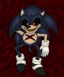  5:6 absurd_res ambiguous_gender anthro bed_sheet bedding clothing eulipotyphlan footwear gloves glowing glowing_eyes handwear hedgehog hi_res lord_x male mammal rubberh0es_(artist) sega sharp_teeth shoes solo sonic.exe_(creepypasta) sonic_the_hedgehog_(series) teeth wounded 