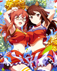  2girls :d absurdres animal_ears arm_up armpits bike_shorts breasts brown_eyes brown_hair cheerleader clothes_lift confetti glasses grace_maitland_steward highres horse_ears horse_girl kawata_kazuki long_hair luminous_witches mc_axis midriff multiple_girls official_art orange_eyes orange_hair pom_pom_(cheerleading) red-framed_eyewear scan semi-rimless_eyewear sheep_ears sheep_girl skirt smile sylvie_cariello thighhighs world_witches_series 