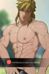  1boy abs alternate_muscle_size bara blonde_hair blue_eyes clothes_pull cowboy_shot earrings elf hydaria jewelry large_pectorals link looking_at_viewer looking_to_the_side male_focus medium_hair muscular muscular_male nipples paid_reward_available pectorals pointy_ears pulling_own_clothes seductive_smile smile solo stomach the_legend_of_zelda topless_male undressing 