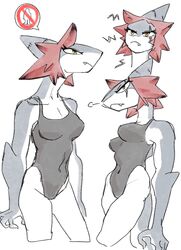  5_fingers anthro black_clothing black_swimwear black_topwear breasts cat_pepper clothing emanata eye_scar facial_scar female fin fingers fish grey_body grey_face grey_skin hair hi_res marine multicolored_body multicolored_skin multiple_poses narrowed_eyes navel_outline orange_eyes pose red_hair scar shark shinisu_(cat_pepper) simple_background skinny_anthro skinny_female snaggle_tooth solo surgical_suture swimwear topwear two_tone_body two_tone_face two_tone_skin white_background white_body white_face white_skin 