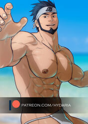  1boy abs bara beach beard black_hair blue_sky bulge cowboy_shot facial_hair full_beard fundoshi happy headband hydaria japanese_clothes konohagakure_symbol large_pectorals looking_at_viewer male_focus mature_male muscular muscular_male naruto_(series) naruto_shippuuden navel nipples outstretched_arm paid_reward_available pectorals reaching reaching_towards_viewer sand sarutobi_asuma short_hair sky smile solo stomach topless_male watermark wavy_hair 