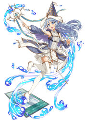  absurdres bare_shoulders blue_eyes blue_hair boots card detached_sleeves duel_monster female highres holding holding_staff hydrokinesis kaichou_(homehome_h) long_hair long_sleeves pointy_ears pointy_hair rite_of_aramesir solo staff standing standing_on_one_leg thigh_boots water water_enchantress_of_the_temple white_footwear yu-gi-oh! 