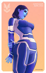  blue_bodysuit blue_lips blue_skin bodysuit border breasts colored_skin commentary english_commentary female hair_behind_ear halo_(series) halo_infinite head_tilt highres holding_own_arm jafet_meza leaning_back medium_hair outside_border parted_lips red_eyes solo the_weapon_(halo_infinite) two-tone_bodysuit white_bodysuit white_border 