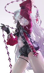  absurdres arm_up armpits black_gloves black_shorts breasts chain_whip closed_mouth crop_top female frilled_shirt frills from_side gloves hair_intakes hand_up highres honkai_(series) honkai_impact_3rd long_hair long_sleeves looking_at_viewer looking_down medium_breasts micro_shorts midriff navel off_shoulder one_eye_closed pink_eyes pink_shirt shirt short_shorts shorts single_glove skindentation smile solo stomach thelema_(honkai_impact) thigh_strap thighs tongue tongue_out turbulence very_long_hair white_hair wristband zipper 