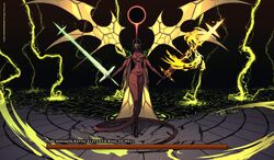  absurdres apoloniodraws ben_10 black_hair black_sun boss_fight colored_skin commentary commission crack cracked_floor crystal_sword dark_souls_(series) demon_girl dual_wielding english_commentary extra_arms extra_eyes female flaming_sword flaming_weapon genderswap_(mtf) gills glowing glowing_eye health_bar highres holding insect_wings kevin_levin looking_at_viewer mutation parody red_skin rule_63 staring sun sword weapon wings 