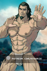  1boy abs avatar_legends bara black_hair bulge covered_penis cowboy_shot facial_hair fighting_stance fundoshi goatee hydaria japanese_clothes large_pectorals long_sideburns looking_at_viewer male_focus mature_male medium_hair muscular muscular_male navel nipples outstretched_arm paid_reward_available pectorals sideburns solo standing stomach the_legend_of_korra tonraq topless_male watermark 