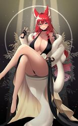  animal_ear_fluff animal_ear_piercing animal_ears arm_tattoo ass black_dress black_footwear black_gloves black_panties blue_eyes breasts collarbone crossed_legs dragon_tattoo dress dress_flower drill_hair earrings elly_(vtuber) feather_boa female finger_tattoo fingerless_gloves flower fur_jacket gloves hair_between_eyes hair_flower hair_ornament halter_dress halterneck hand_on_own_hip high_heels highres indie_virtual_youtuber jacket jewelry kangaruu_(momotk1109) large_breasts long_hair necklace open_clothes open_jacket panties parted_lips plant red_hair revealing_clothes rose sitting solo tattoo teeth underwear virtual_youtuber white_flower white_jacket white_rose 