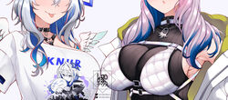  2girls alternate_breast_size amane_kanata amane_kanata_(punk_rock) angel angel_wings armpits artist_logo belt_collar bikini bikini_over_clothes black_collar black_sweater blue_hair breasts chain_necklace chains character_print chest_harness choker collar feathered_wings grey_hair harness head_out_of_frame heart_o-ring highres hololive hololive_indonesia jacket jewelry landacdeus large_breasts long_hair multicolored_hair multiple_girls necklace o-ring o-ring_choker official_alternate_costume pavolia_reine pavolia_reine_(streetwear) pink_hair ribbed_sweater self_character_print streaked_hair sweater swimsuit tongue tongue_out turtleneck turtleneck_sweater upper_body virtual_youtuber white_bikini white_choker white_jacket white_wings wings 