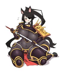  animal_ears armor black_bodysuit black_eyes black_hair blush bodysuit breasts centaur commentary_request covered_navel eyepatch female flying_sweatdrops full_body gauntlets hair_between_eyes highres holding holding_sword holding_weapon hooves horse_ears horse_tail japanese_armor korean_commentary kote large_breasts long_hair looking_at_viewer mannungei monster_girl multiple_legs muneate open_mouth original pelvic_curtain ponytail shadow sheath shoulder_armor sidelocks simple_background sitting solo suneate sweat sword tail taur unsheathing very_long_hair weapon white_background 