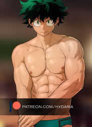  1boy abs bara boku_no_hero_academia briefs cowboy_shot freckles frown green_eyes green_hair green_male_underwear hydaria looking_at_viewer male_focus male_underwear midoriya_izuku muscular muscular_male navel nipples paid_reward_available pectorals sanpaku short_hair solo stomach tareme toned toned_male topless_male underwear watermark 