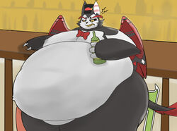  belly beverage big_belly black_body black_clothing black_fur black_hat black_headwear black_sclera bow_tie cat_demon clothing fur hat hazbin_hotel headgear headwear holding_beverage holding_object husk_(hazbin_hotel) kazutti male mostly_nude obese overweight red_bow_tie red_wings shaded teeth weight_gain wings yellow_eyes yellow_teeth 