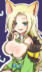  :p animal_ears blonde_hair blue_eyes blush body_blush breasts cat_ears cleavage closed_mouth collar colored_eyelashes commentary_request cowboy_shot detached_collar dress elemental_master_(ragnarok_online) female fur-trimmed_dress fur_trim green_brooch green_dress heart heart-shaped_pupils large_breasts lips long_bangs long_hair magatama outline parted_bangs purple_background ragnarok_online shiny_skin smile solo strapless strapless_dress suzunono symbol-shaped_pupils tongue tongue_out white_collar white_outline 