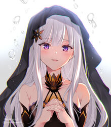  bare_shoulders buu_(buu02) choker female hair_ornament hair_over_shoulder looking_at_viewer own_hands_clasped own_hands_together portrait purple_eyes re:zero_kara_hajimeru_isekai_seikatsu satella_(re:zero) solo star_(symbol) star_hair_ornament veil water_drop 