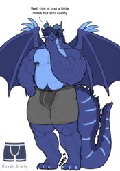  absurd_res anthro barazoku belly belly_scales black_clothing blue_body blue_eyes boxer_briefs boxers_(clothing) bulge christopher_wyvern claws clothed clothing dialogue dragon english_text hand_on_chin hand_on_hip hi_res male markings marvolk membrane_(anatomy) membranous_wings musclegut muscular mythological_creature mythological_scalie mythology nipple_fetish nipple_piercing nipples partially_clothed pecs piercing pubes scales scalie slightly_chubby slightly_chubby_male solo tail tail_markings tail_tuft text thick_thighs tuft underwear wing_claws wings 