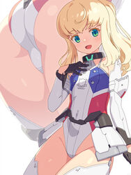  alice_gear_aegis ass black_gloves blonde_hair detached_sleeves female gloves green_eyes groin hand_on_own_chest highleg highleg_leotard highres leotard long_hair mtu_virus multiple_views noelle_francesca om_(nk2007) open_mouth paid_reward_available ponytail smile thighhighs thighs variant_set white_leotard white_sleeves white_thighhighs 