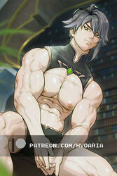  1boy abs alhaitham_(genshin_impact) alternate_muscle_size bara bare_pectorals cowboy_shot flexing_pectorals from_below frown genshin_impact green_eyes grey_hair hydaria large_pectorals looking_at_viewer male_focus micro_shorts muscular muscular_male navel nipples own_hands_together paid_reward_available pectorals short_hair shorts sitting solo spread_legs stomach tsurime watermark 