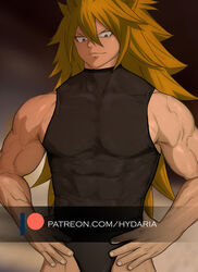  1boy bara bulge cowboy_shot fairy_tail hydaria loke_(fairy_tail) long_hair looking_at_viewer male_focus muscular muscular_male no_pants paid_reward_available pectorals shirt sidepec sleeveless sleeveless_shirt smile solo tight_clothes tight_shirt very_long_hair watermark wavy_hair 