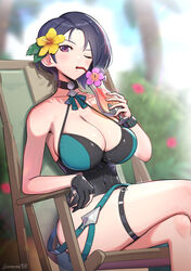  absurdres bare_shoulders beach_chair black_choker black_gloves black_hair black_one-piece_swimsuit breasts casual_one-piece_swimsuit choker cocktail_glass commentary crossed_legs cup drinking drinking_glass drinking_straw female fire_emblem fire_emblem:_three_houses fire_emblem_heroes flower gloves gonzarez green_one-piece_swimsuit hair_flower hair_ornament halterneck hibiscus highres holding holding_cup large_breasts looking_at_viewer official_alternate_costume one-piece_swimsuit one_eye_closed partially_fingerless_gloves purple_eyes revision shamir_nevrand shamir_nevrand_(summer) short_hair single_glove sitting solo swimsuit thigh_strap tropical_drink two-tone_swimsuit yellow_flower 