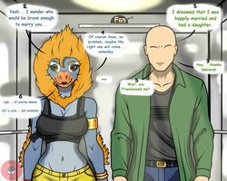  2024 5:4 anon_(snoot_game) anthro artist_name bald blonde_hair blue_body blue_scales bottomwear breasts cavemanon_studios clothing crop_top deborah_(actor_game) denim denim_bottomwear denim_clothing detailed_background dialogue digital_drawing_(artwork) digital_media_(artwork) dinosaur dizzy_weas duo elbow_feathers elevator english_text extinct eyelashes fan_character feathered_dinosaur feathered_scalie feathers female grey_eyes gun hair hi_res human inside jacket jeans light-skinned_male light_body light_skin male mammal midriff multicolored_body multicolored_scales navel pants prehistoric_species profanity ranged_weapon reptile scales scalie shirt snoot_game text topwear two_tone_body two_tone_scales watermark weapon yellow_bottomwear yellow_clothing yellow_pants 