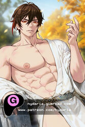  1boy abs alternate_pectoral_size autumn_leaves bara bare_pectorals brown_hair cowboy_shot earrings eyeshadow from_below genshin_impact hydaria japanese_clothes jewelry kimono large_pectorals looking_at_viewer makeup male_focus multicolored_hair muscular muscular_male off_shoulder open_clothes open_kimono paid_reward_available parted_lips pectorals red_eyeshadow short_hair sideburns single_earring solo stomach streaked_hair tassel tassel_earrings watermark zhongli_(genshin_impact) 