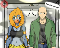  2024 5:4 anon_(snoot_game) anthro artist_name bald black_eyes blonde_hair blue_body blue_scales bottomwear breasts cavemanon_studios clothing crop_top deborah_(actor_game) denim denim_bottomwear denim_clothing detailed_background digital_drawing_(artwork) digital_media_(artwork) dinosaur dizzy_weas duo elbow_feathers elevator english_text extinct eyelashes fan_character feathered_dinosaur feathered_scalie feathers female grey_eyes gun hair hi_res human inside jacket jeans light-skinned_male light_body light_skin male mammal midriff multicolored_body multicolored_scales navel pants prehistoric_species question_mark ranged_weapon reptile scales scalie shirt snoot_game text topwear two_tone_body two_tone_scales watermark weapon yellow_bottomwear yellow_clothing yellow_pants 