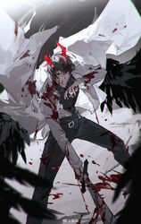  1boy absurdres angel_wings belt belt_buckle black_belt black_pants black_shirt black_skirt black_wings blood blood_from_mouth blood_on_clothes blood_on_face blood_on_weapon blood_spray buckle chinese_commentary coat_lift collared_coat collared_shirt commentary_request demon_horns feathered_wings feet_out_of_frame fighting grin high-waist_pants high_collar highres holding holding_sword holding_weapon horns kim_dokja lab_coat layered_sleeves long_sleeves looking_at_viewer male_focus mei_ren omniscient_reader&#039;s_viewpoint pants red_eyes red_horns shirt short_hair signature skirt smile solo sword v-shaped_eyebrows watermark weapon weibo_logo weibo_watermark white_sleeves wings 