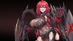  absurdres ahoge alt3r armor armored_boots armored_leotard armpit_crease black_armor bodystocking boobplate boots breasts cleavage commentary covered_navel cowboy_shot english_commentary female gauntlets goddess_of_victory:_nikke grin hair_between_eyes highres huge_breasts long_hair mechanical_tail nihilister_(nikke) pelvic_curtain red_eyes red_hair rigging see-through see-through_cleavage sidelocks smile solo standing tail teeth torn_bodystocking torn_clothes 