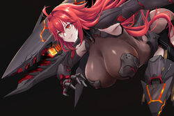  ahoge alt3r arm_armor armor armored_boots ass black_armor black_background black_footwear bodystocking boobplate boots breasts cleavage commentary english_commentary female goddess_of_victory:_nikke hair_between_eyes hair_intakes huge_breasts long_hair mechanical_tail nihilister_(nikke) parted_lips red_eyes red_hair rigging see-through see-through_cleavage sidelocks simple_background skindentation smile solo tail torn_bodystocking torn_clothes turret 