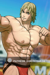  1boy abs bara biceps blonde_hair bulge cowboy_shot hydaria jockstrap ken_masters large_pectorals looking_at_viewer male_focus male_underwear muscular muscular_male navel nipples paid_reward_available pectorals punching red_male_underwear short_hair shredded_muscles smile solo stomach street_fighter topless_male underwear watermark 