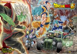  6+boys aiming arm_up battle black_eyes black_hair blue_eyes blue_hair boots car clenched_hand colored_skin copyright_name dougi dragon_ball dragon_ball_super earrings energy female fighting_stance fused_zamasu gowasu green_skin grin gun handgun highres holding holding_gun holding_sword holding_weapon jewelry logo mai_(dragon_ball) mai_(future)_(dragon_ball) motor_vehicle motorcycle multiple_boys official_art on_motorcycle open_mouth outdoors potara_earrings riding saiyan_armor shin_(dragon_ball) short_hair smile son_goku spiked_hair spoilers super_saiyan super_saiyan_blue sword teeth toyotarou trunks_(dragon_ball) trunks_(future)_(dragon_ball) vegeta weapon white_hair wristband zamasu 