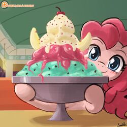  1:1 banana banana_split blue_eyes blush bowl cherry container dessert diner earth_pony equid equine female feral food friendship_is_magic fruit hair hasbro horse ice_cream inside lumineko mammal my_little_pony patreon patreon_logo pink_body pink_hair pinkie_pie_(mlp) plant pony restaurant smile solo sprinkles text url website_logo 