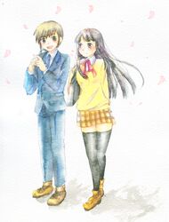  1boy bag black_hair brown_hair checkered_clothes checkered_skirt cherry_blossoms female higuchi_aya kara_(kakera) open_mouth painting_(medium) petals school_uniform shindou_hayato_(summon_night) short_hair shoulder_bag skirt smile summon_night traditional_media watercolor_(medium) 