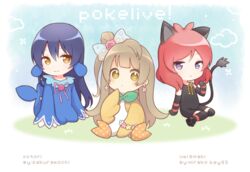  ! 3girls animal_costume animal_ears artist_name bad_id bad_pixiv_id bird_costume blue_hair blush bow brown_hair cat_ears cat_tail character_name chibi closed_mouth cloud collaboration color_connection cosplay earrings flower_bracelet gloves hair_between_eyes hairbow hirako jewelry kemonomimi_mode litten litten_(cosplay) long_hair looking_at_viewer love_live! love_live!_school_idol_project minami_kotori multiple_girls nishikino_maki one_side_up paw_print pokemon pokemon_sm polka_dot popplio popplio_(cosplay) purple_eyes red_hair rowlet rowlet_(cosplay) sakuramochi_n see-through sitting smile sonoda_umi starter_pokemon_trio striped tail thighhighs yellow_eyes 