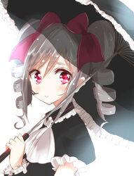  ascot black_dress black_umbrella blush bow closed_mouth commentary dress drill_hair female frilled_umbrella frills hair_between_eyes hairbow hand_up haru_(nature_life) holding holding_umbrella idolmaster idolmaster_cinderella_girls kanzaki_ranko looking_at_viewer looking_to_the_side puffy_short_sleeves puffy_sleeves purple_bow purple_eyes short_sleeves simple_background smile solo twin_drills umbrella white_ascot white_background 