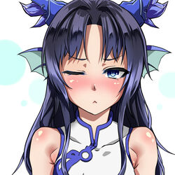  :&lt; bare_shoulders black_hair blue_eyes blush chinese_clothes close-up commentary_request female fins head_fins highres horns incoming_kiss karin_(p&amp;d) long_hair looking_at_viewer one_eye_closed puzzle_&amp;_dragons solo tat_(t-55-t) 