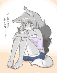  anthro biped blush bodily_fluids breasts canid canine canis cleavage clothed clothing digital_media_(artwork) female fur green_body green_fur grey_hair hair hi_res japanese_text kemono kin-shun long_hair mammal midriff sad shirt sitting solo tank_top tears text topwear translation_request wolf 